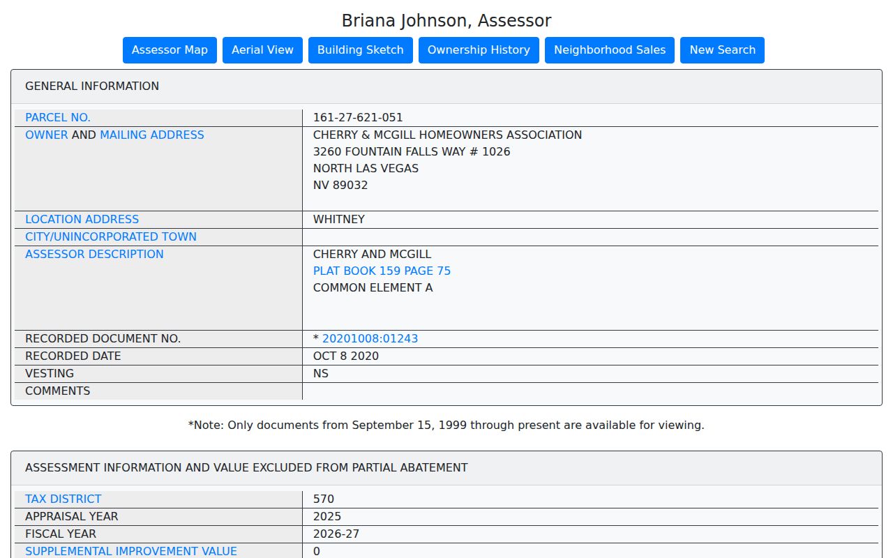 Whitney neighbors Assessor parcel card fields