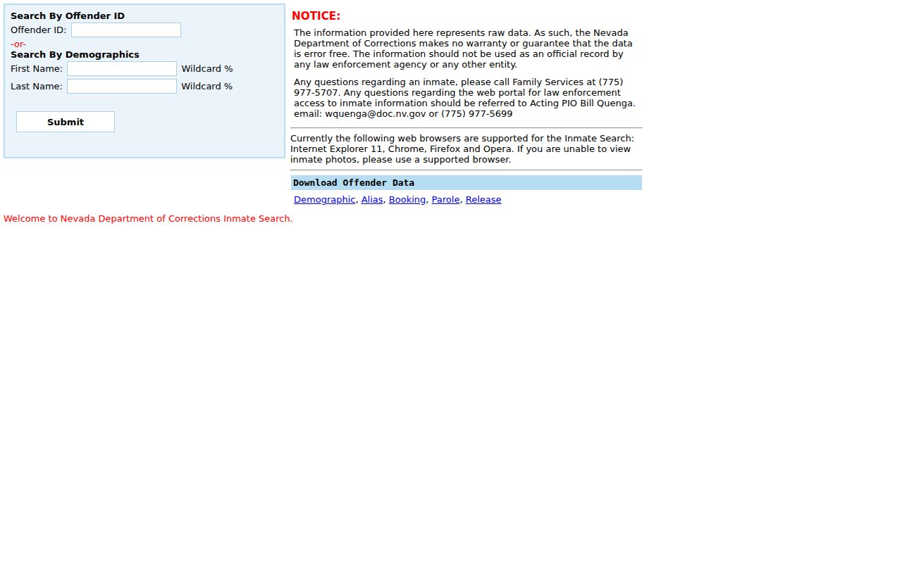 Whitney residents directory Nevada corrections offender search fields